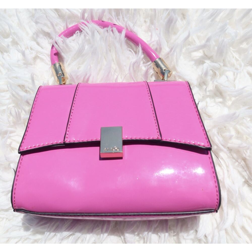 ALDO Barbiecore Hot Pink Patent Satchel Top Handle Crossbody Purse Gold Tone